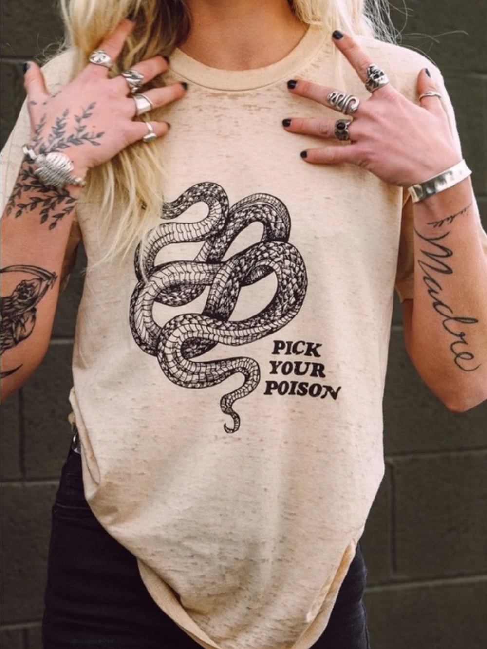 Hell babes Beige Snake Graphic Tee - 'Pick Your Poison' Short Sleeve